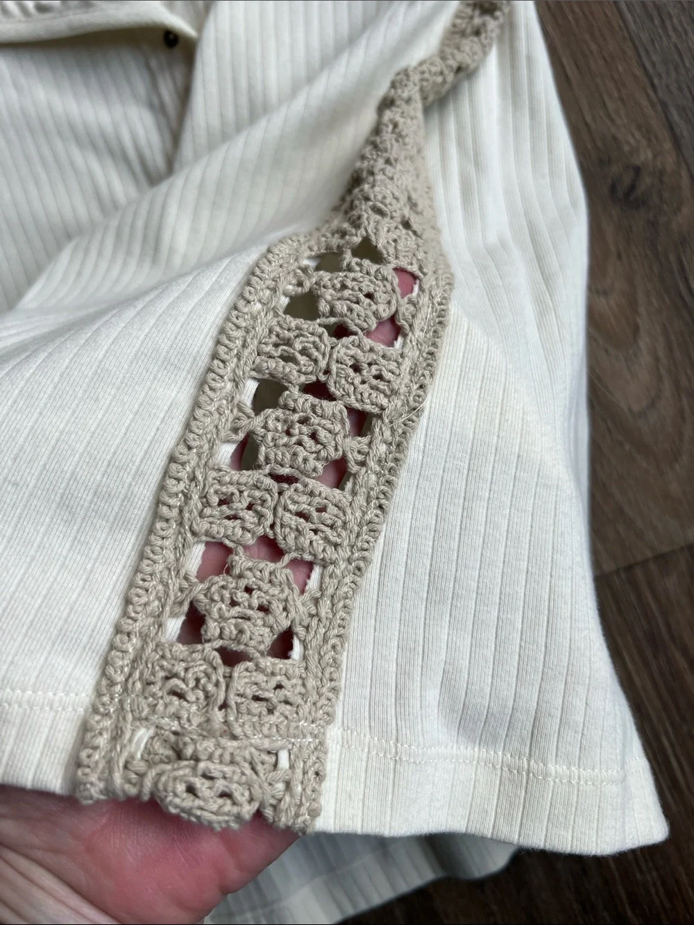 Free People Cream Ribbed Long-Sleeve Henley with Taupe Crochet Trim see photos